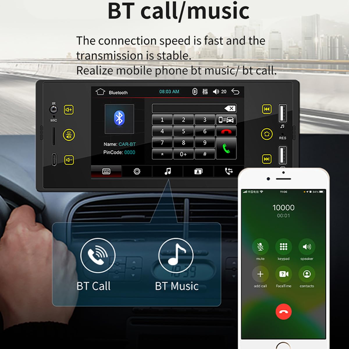 Samochodowe radio pojedyncze DIN z 5-calowym ekranem dotykowym, kompatybilne z CarPlay Android Auto, Bluetooth, ekranem dotykowym, radiem FM Mirror Link, typem C, szybkim ładowaniem USB 2.1A