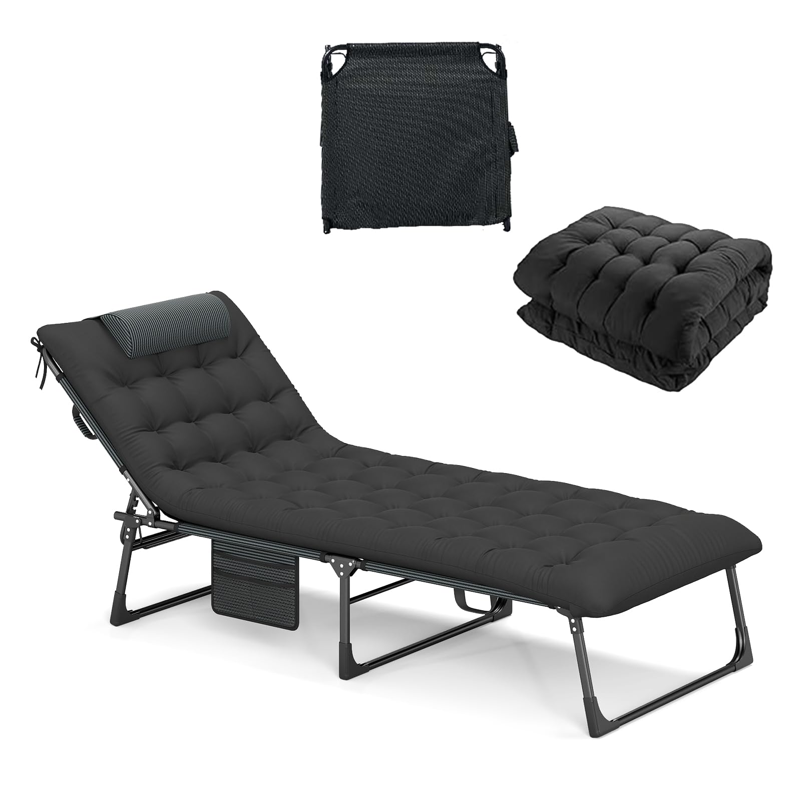 COSTWAY Folding Sun Lounger, 4-Level Adjustable Garden Reclining Chaise Lounge Chair Sunbed with Cushion, Headrest & Side Pocket, Metal Frame Outdoor Camping Bed Recliner for Patio Pool Beach, Black