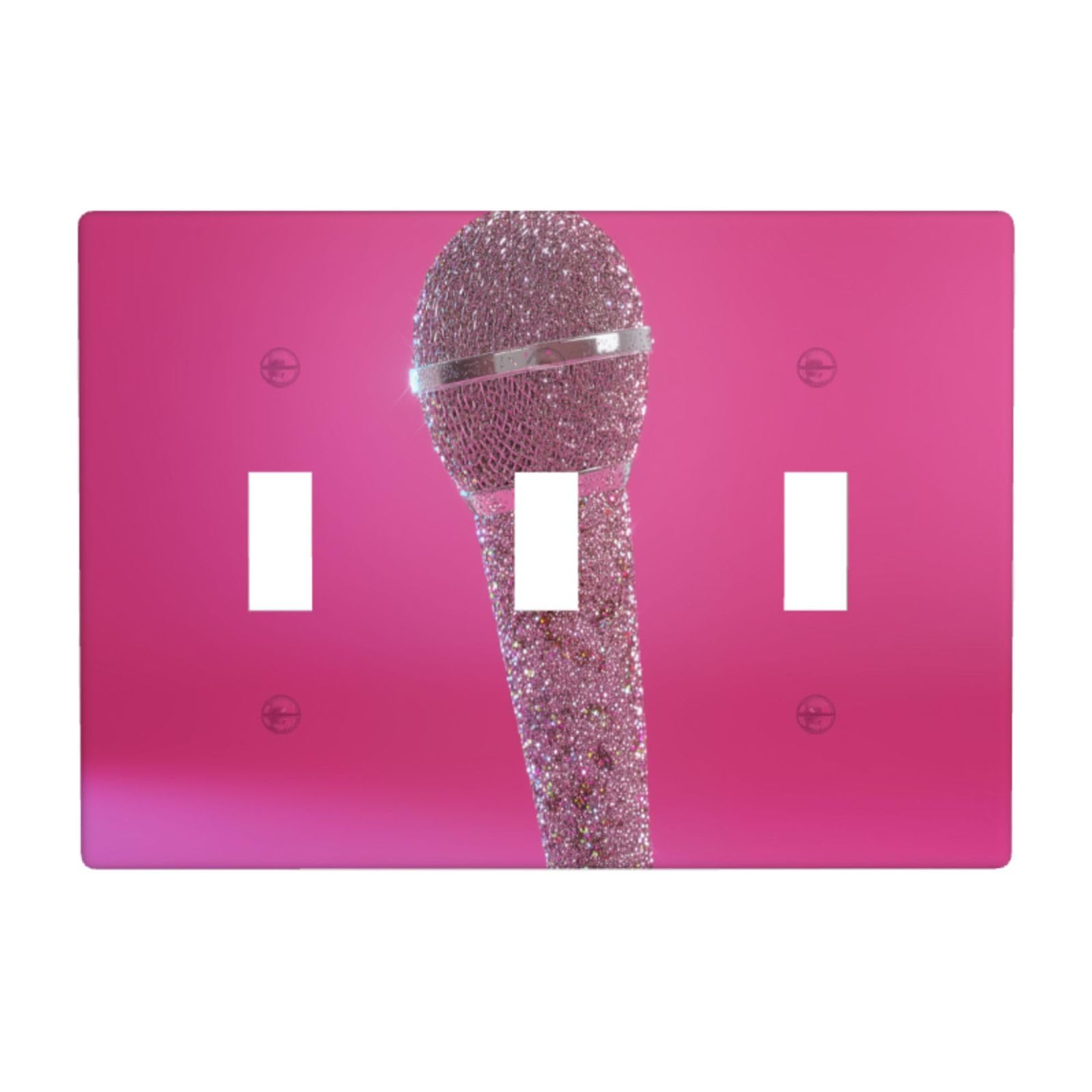 Microphone Sparkling Glitter On Pink Light Switch Covers 3 Gang Triple Toggle Wall Plate Switchplate Electrical Faceplate for Bathroom Kitchen Bedroom Decor