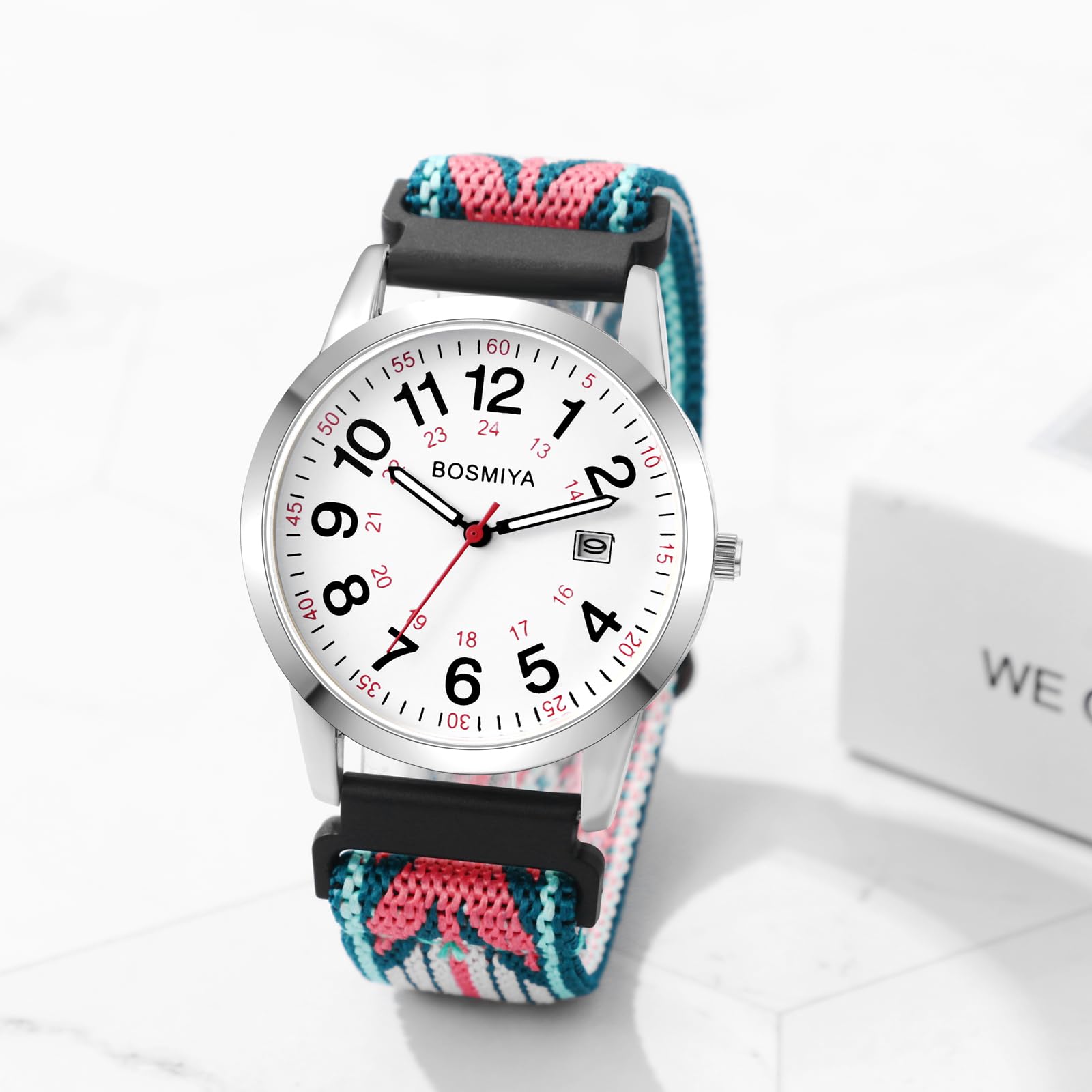 JewelryWe Orologio da Polso in Tessuto da Unisex: Orologio Cinturino Elastico Regolabile con Calendario Facile da Leggere Lancetta dei Secondi e 24 Ore