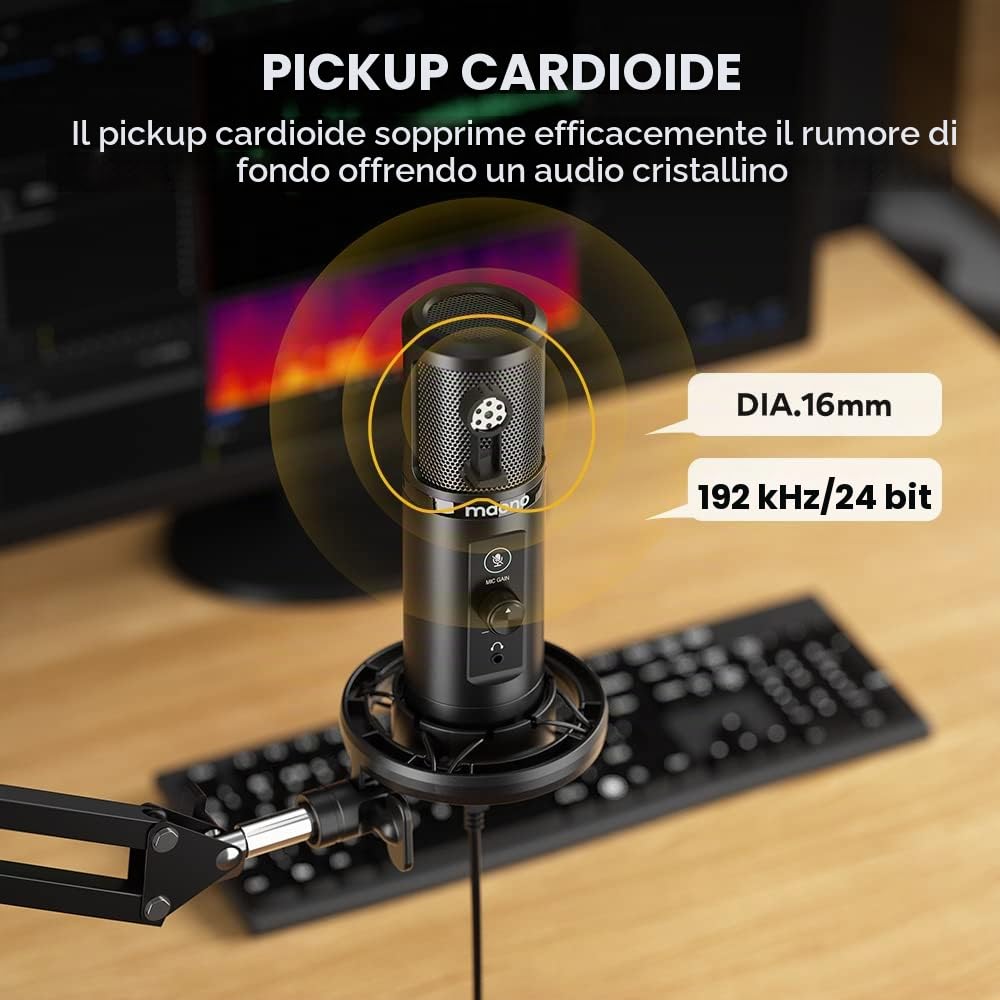 MAONO Microfono USB Monitoraggio latenza zero AU-PM422 192KHZMicrofono professionale condensatore cardioide con pulsante Touch Mute manopola guadagno del microfono per registrazione,podcast,YouTube