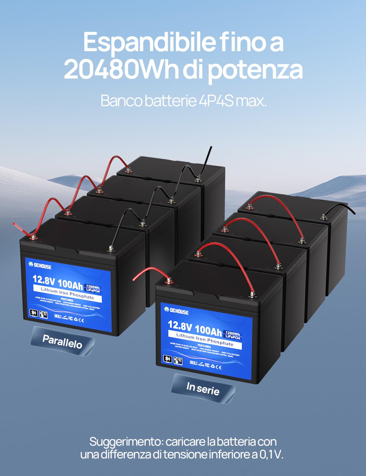 DCHOUSE Batteria Litio 12V 100AH Bluetooth con Protezione 100A BMS e a Bassa Temperatura, Batteria Lifepo4 per motori elettrici, Caravan, Campeggio, Sistemi solare