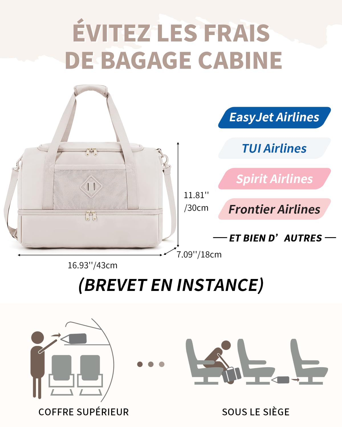 WANDF Sac de Voyage pour Femme - Bagage Cabine 45x36x20 cm pour Easyjet, Sac de Sport Weekender avec Compartiment à Chaussures & Poche Humide, Sac Duffle pour Femme et Homme (Beige)