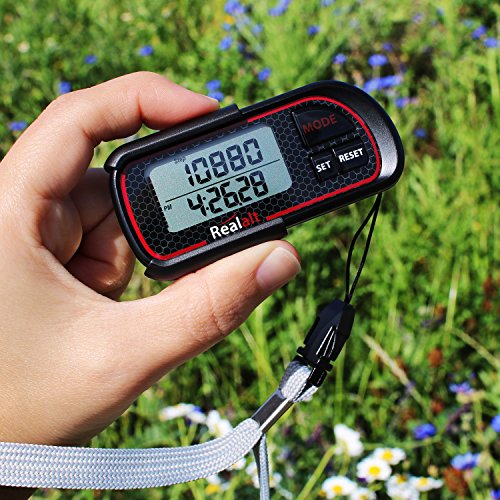Realalt 3D Pedometer with Clip and Strap P08R| Best Pedometer for Walking with 30-Days Memory. Accurately Track Steps, Calories, Distance Miles/Km & Daily Target Monitor for Men & Women