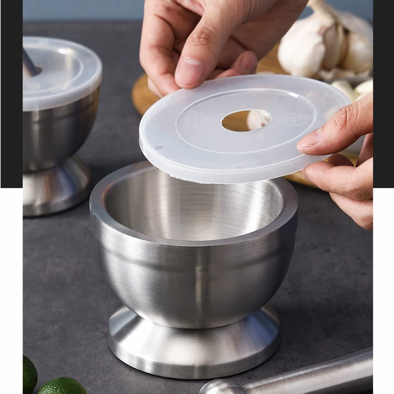 Mortero de acero inoxidable con mortero, apto para alimentos, 10 cm de diámetro