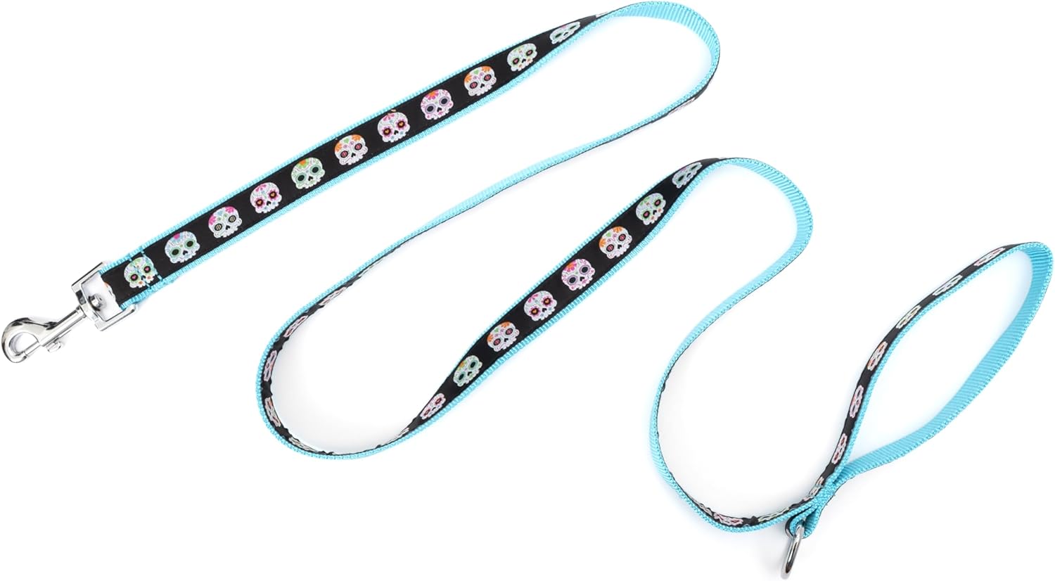 THE WORTHY DOG Skeletons Nylon Dog Leash for Everyday Walks, Swivel Snap Hook, 5 Ft Length - Black/Blue, Small