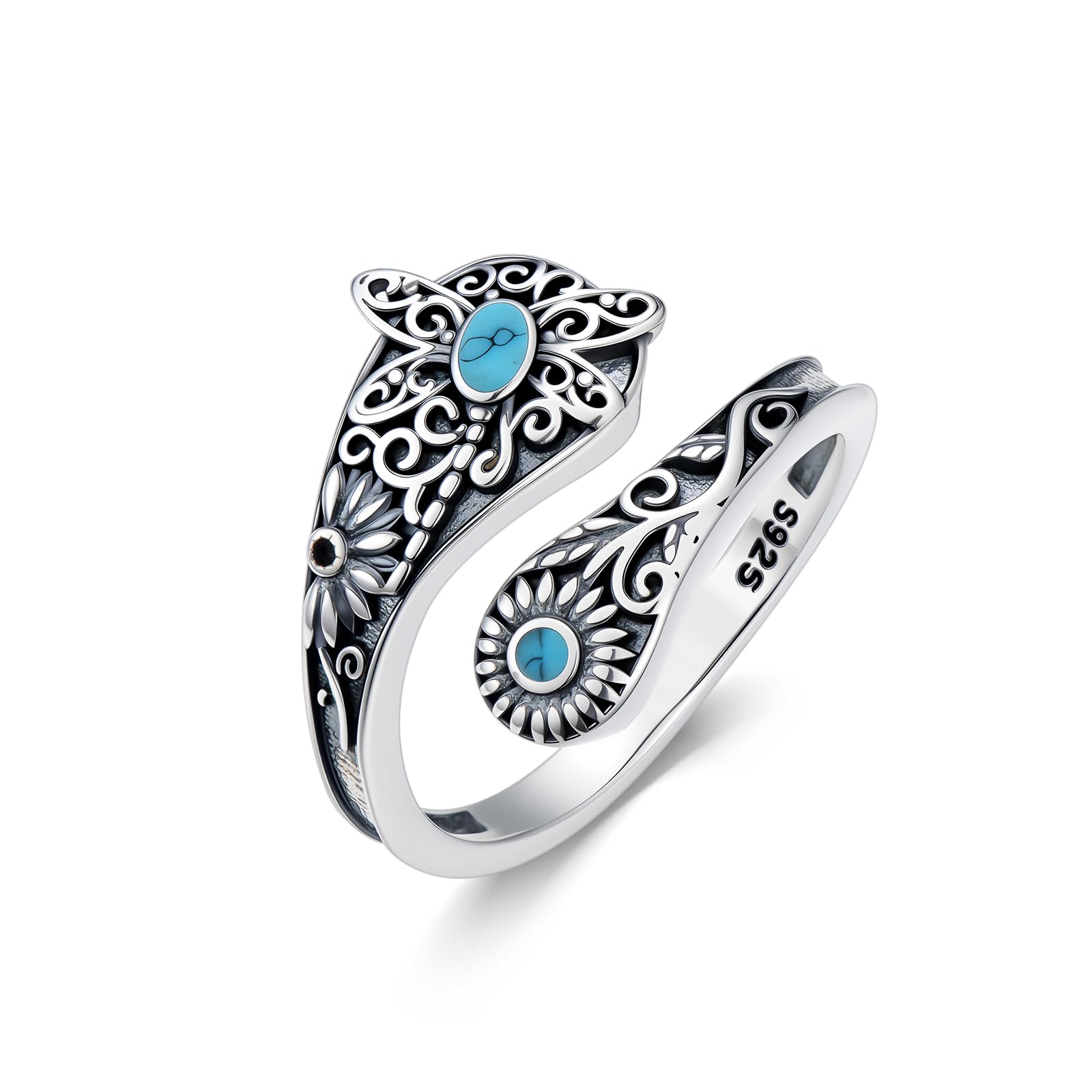 Lypic 925 Sterling Silver Dragonfly/Butterfly/Mushroom Spoon Rings Vintage Boho Spoon Rings Oxidized Wrap Adjustable Ring Victorian Ring Gifts for