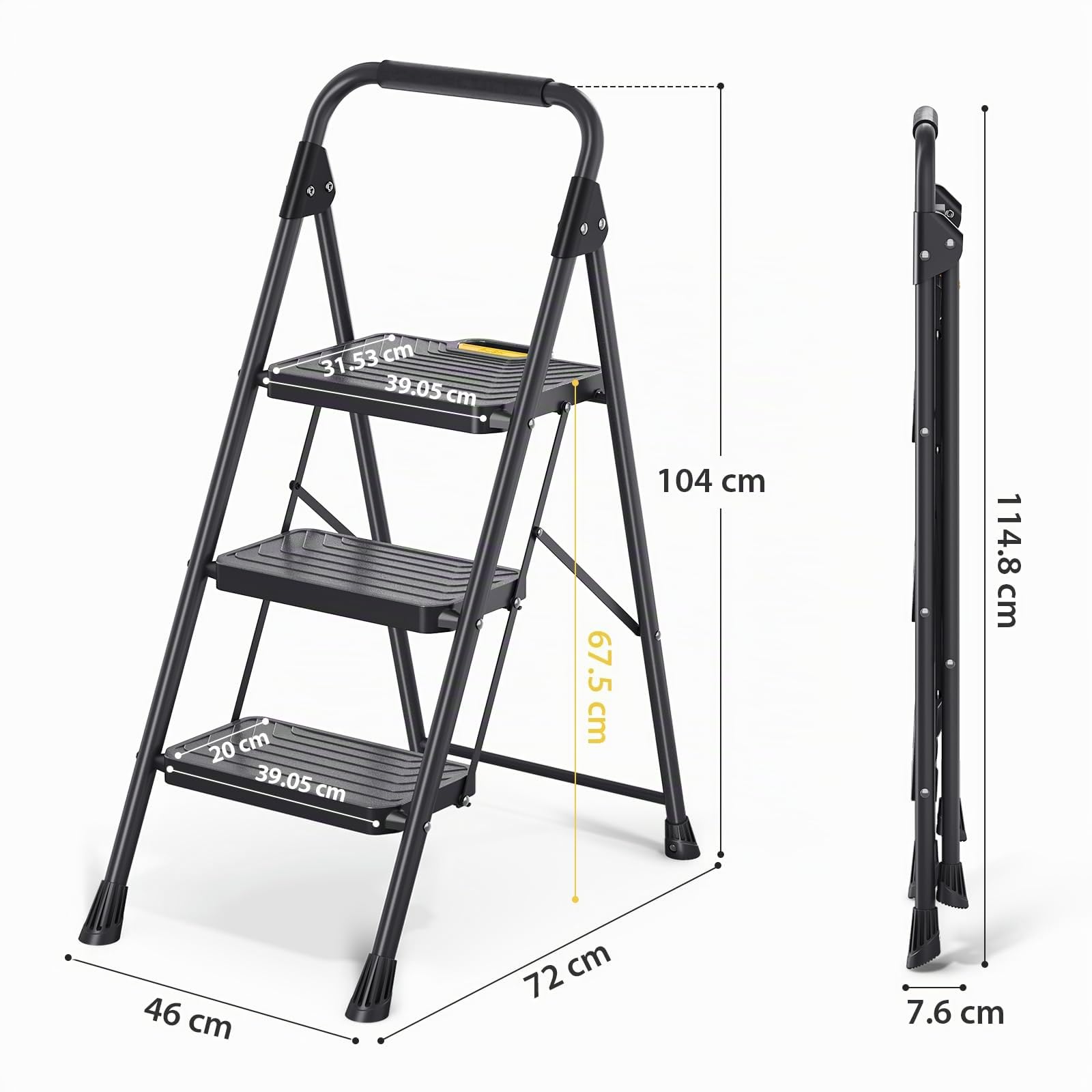 KINGRACK Trittleiter 3 Stufen Klappbar, bis 360 kg belastbar, Klapptritt mit Breiten Anti-Rutsch-Stufen, Stabiler Tritthocker mit Handlauf für Küche & Haushalt, Schwarz