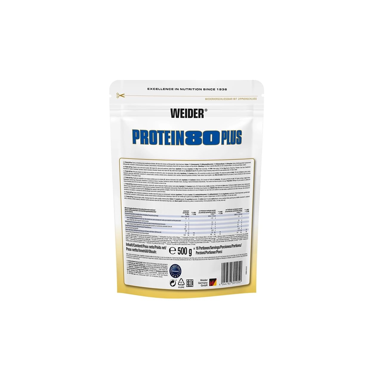 Weider - Protein 80 Plus - 4-Komponenten Protein Pulver - Hoher Proteingehalt mit 80% Eiweiß - Cremige Shakes mit Calcium & Vitamin B6 - 500g - Vanille