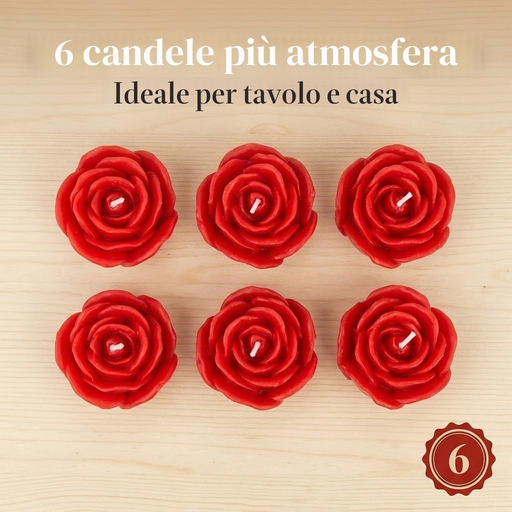 MIJOMA Set di 6 candele a forma di rosa, senza profumo, circa 6 x 4 cm, set regalo con elegante confezione, decorazione per occasioni romantiche