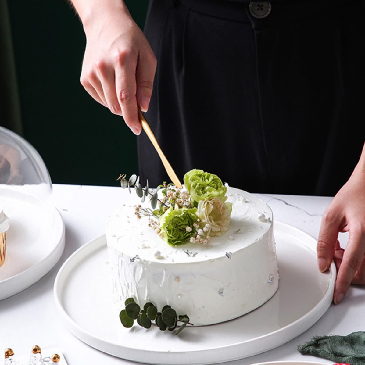 Bandeja para Tartas con Tapa de Vidrio Transparente, Plato de Cerámica Blanco Resistente Adecuado para Fiestas de Cumpleaños y Cocina