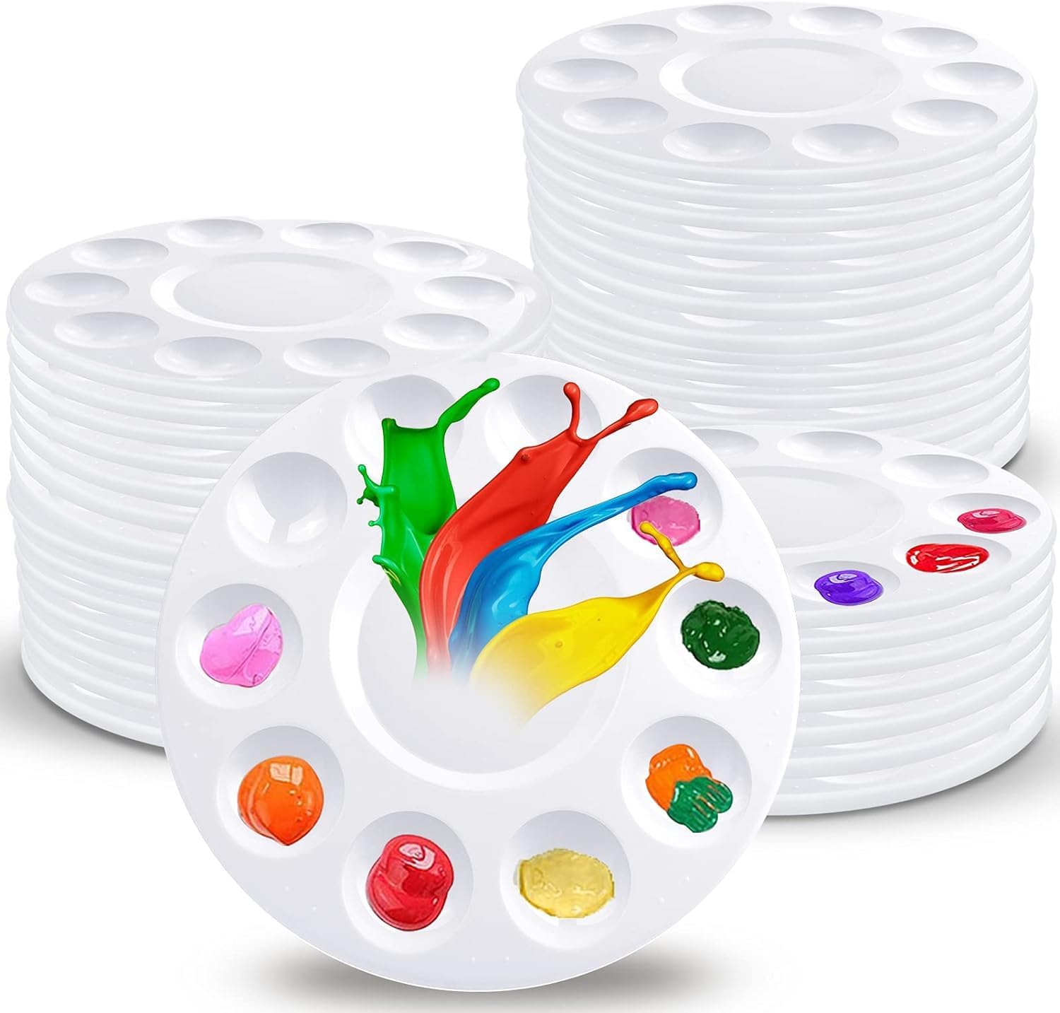 40PCS Paint Palette, Plastic Round Paint Tray Palette with 10 Wells and 1 Central Reservoir, White Paint Pallets for Children Acrylic Oil Watercolor DIY Craft Professional Art Painting
