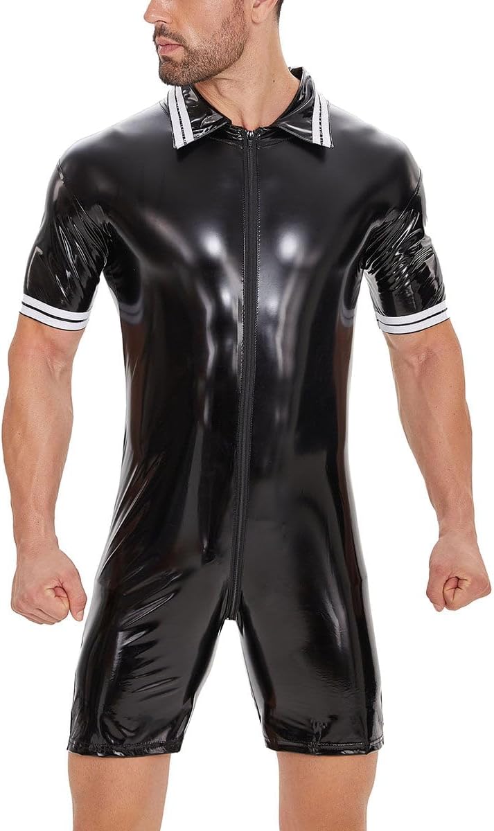 Men Shiny Leather Bodysuit, Sexy Zipper Open Crotch, Latex Leotard Crotchless