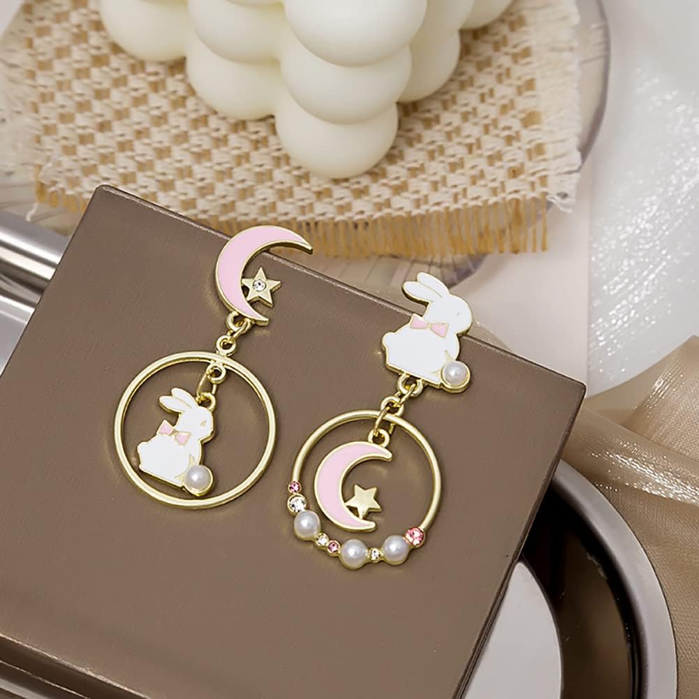 Asymmetric Rabbit Star Moon Earrings,Cute Bunny Pearl Crystal Drop Earring for Women Party Jewelry Gifts - Image 7