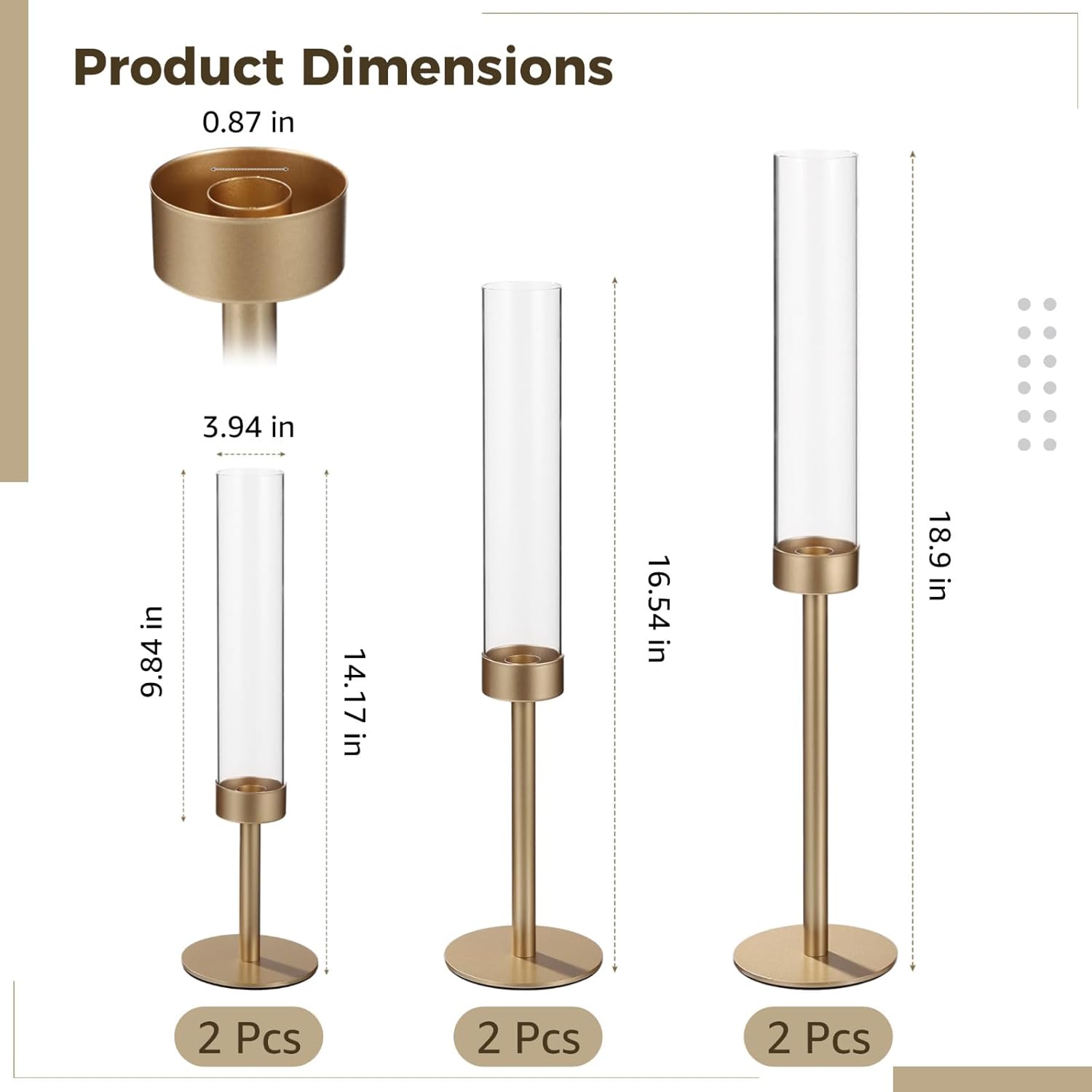 6 Pcs Glass Hurricane Candle Holders - Windproof Glass Candle Holders, Matte Gold Cylinder Candle Stick Stands, 3 Heights, Table Centerpieces for Dinner Parties, Weddings
