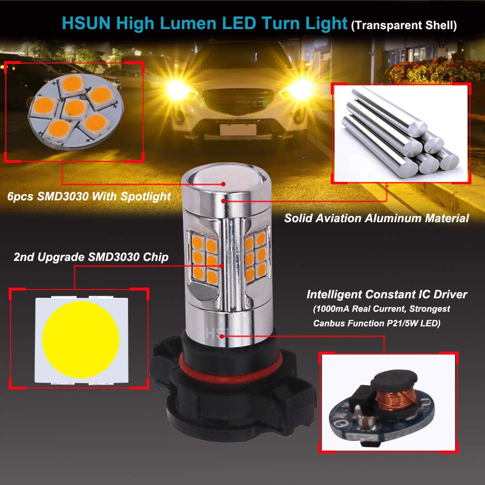 HSUN PSY24W - Bombillas LED, sistema Canbus integrado sin errores con chipsets 30LED-SMD3030, bombillas extremadamente brillantes, 12 V-24 V para luz antiniebla de coche, luz intermitente y más,