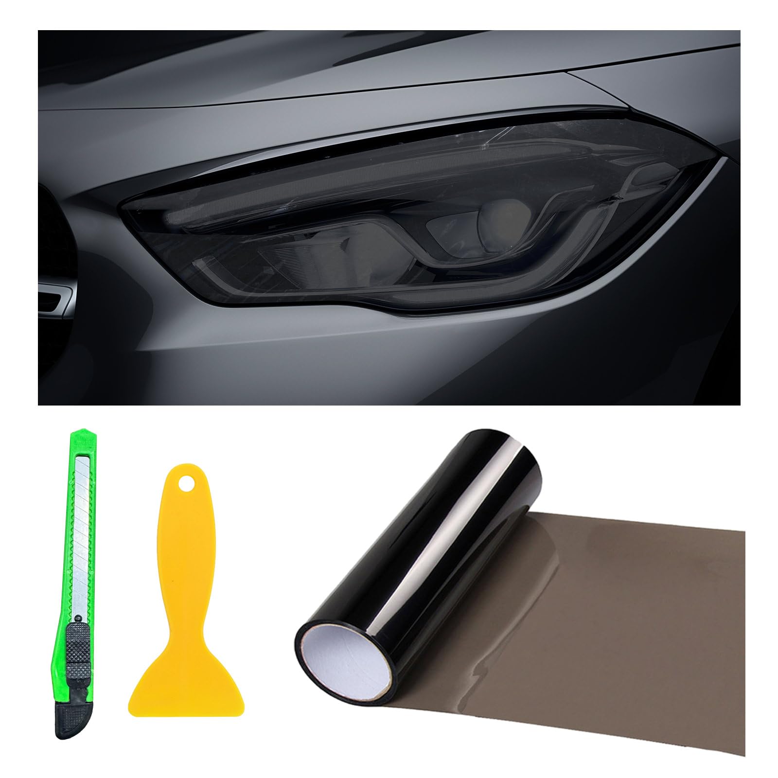 12 × 48 Inch Car Light Tint Film, Shiny Chameleon Headlights Tail Lights Fog Lights Films with Squeeze &amp; Cutter, Self Adhesive Vinyl Film Sticker Sheet Roll Car Accessories (Light Black)