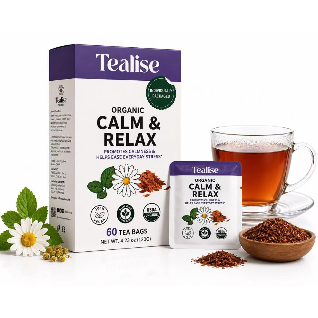 Tealise Organic Chamomile & Rooibos Tea – 60 Individually Wrapped Tea Bags, Herbal Tea with Raspberry Leaf, USDA Organic, Caffeine Free, Calm & Relax Blend