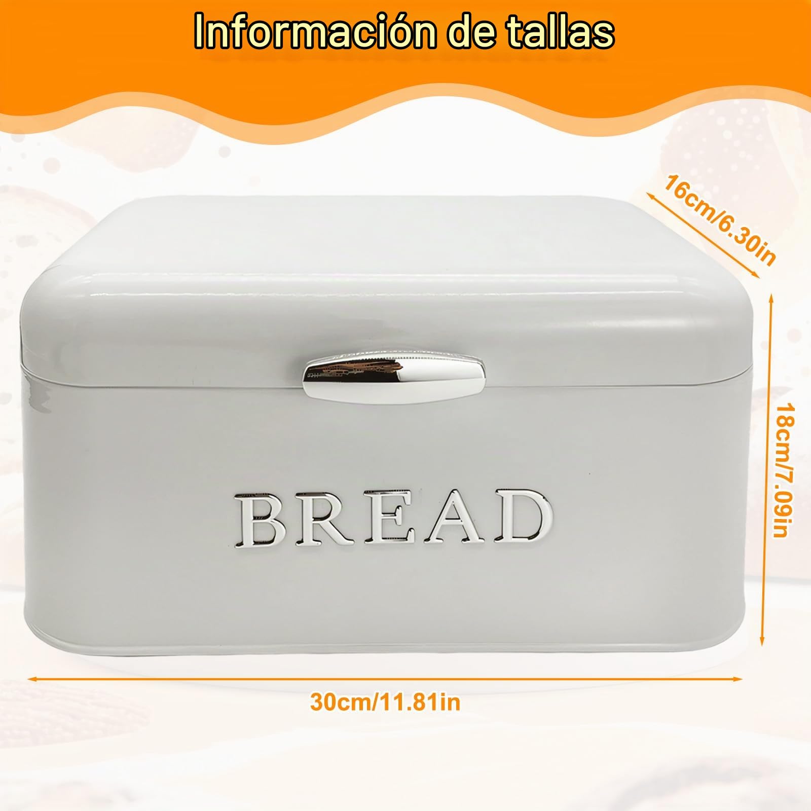 Panera Cocina Grande con Tapa, Paneras Mesa Blanco, Recipiente Almacenamiento Fácil Limpiar, Caja Metal Vintage para Guardar Pan, Galletas, Pasteles, Bollería, Frutas (30 x 16 x 18cm)