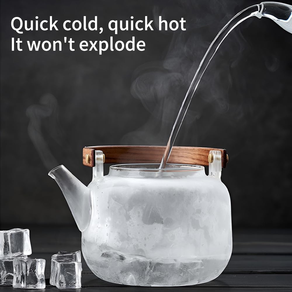 Teiera in vetro con colino, 800 ml, teiera per tè in fiore, con coperchio in legno per fornelli elettrici