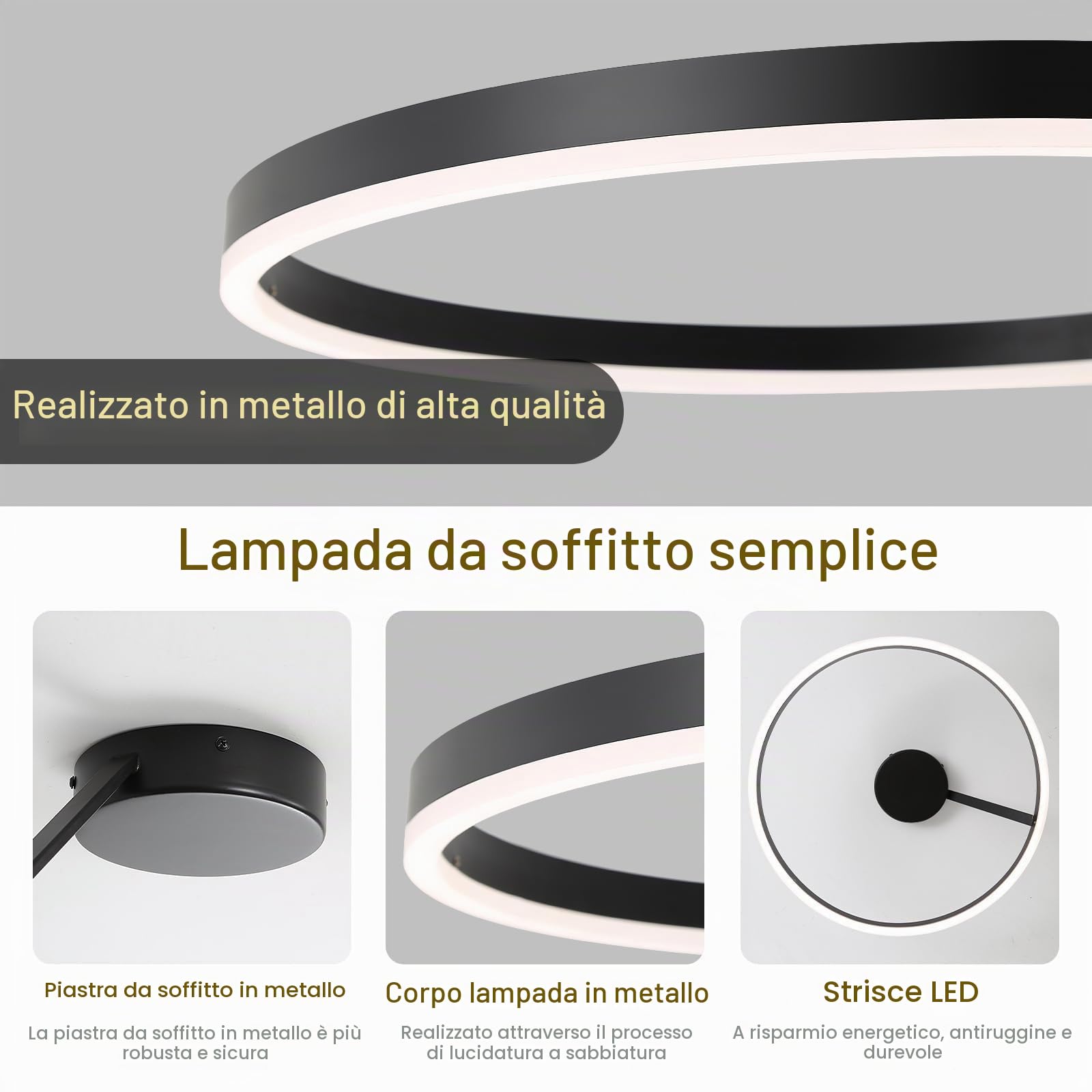 Plafoniera Circolare Lampadario Circolare a LED Lampadari Moderna Semplice Plafoniere Nera Dimmerabile Adatta per Soggiorno Sala da Pranzo camera da Letto Cucina Corridoio Ingresso 40cm