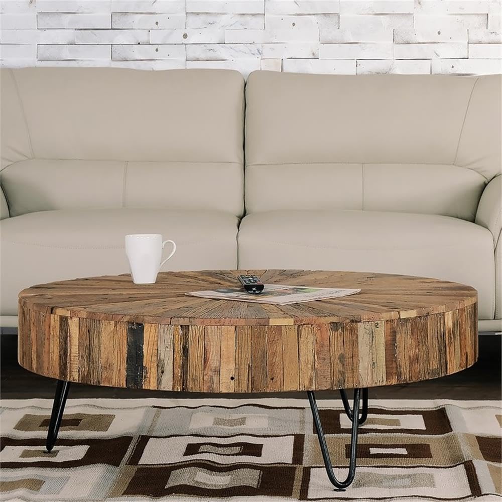 Primo Sawyer Round Solid Wood Coffee Table - Natural Reclaimed Acacia Wood Top w/Black Metal 3 Hairpin Legs - Rustic, Industrial Accent Furniture for Living Rooms, Family Rooms, Office