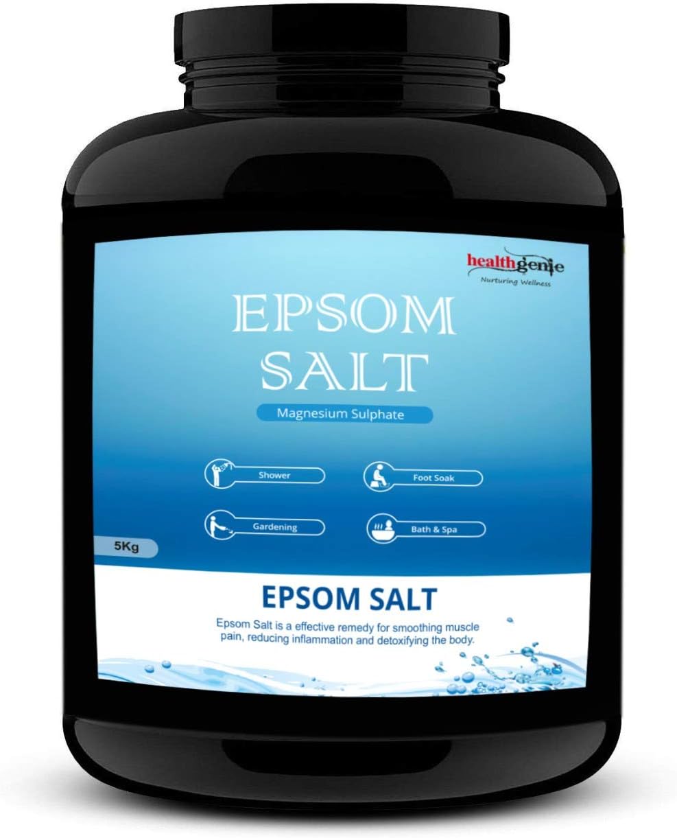 Healthgenie 100% IP grade Quality 5kg Epsom Salt (Magnesium sulphate - MgSO4) Bath Salt for Relaxation, Pain Relief, Muscle Relief, Relieves Aches & Pain, Skin, Hair and detoxifying body (Jar)