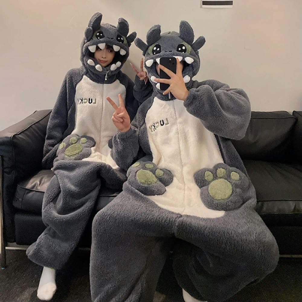 NYSDM Pigiama Invernale in Pile Corallo Spesso Set Coppia Carino Cartone Animato Dinosauro Pigiama per Dormire con Cappuccio Morbido Un Pezzo Pigiama