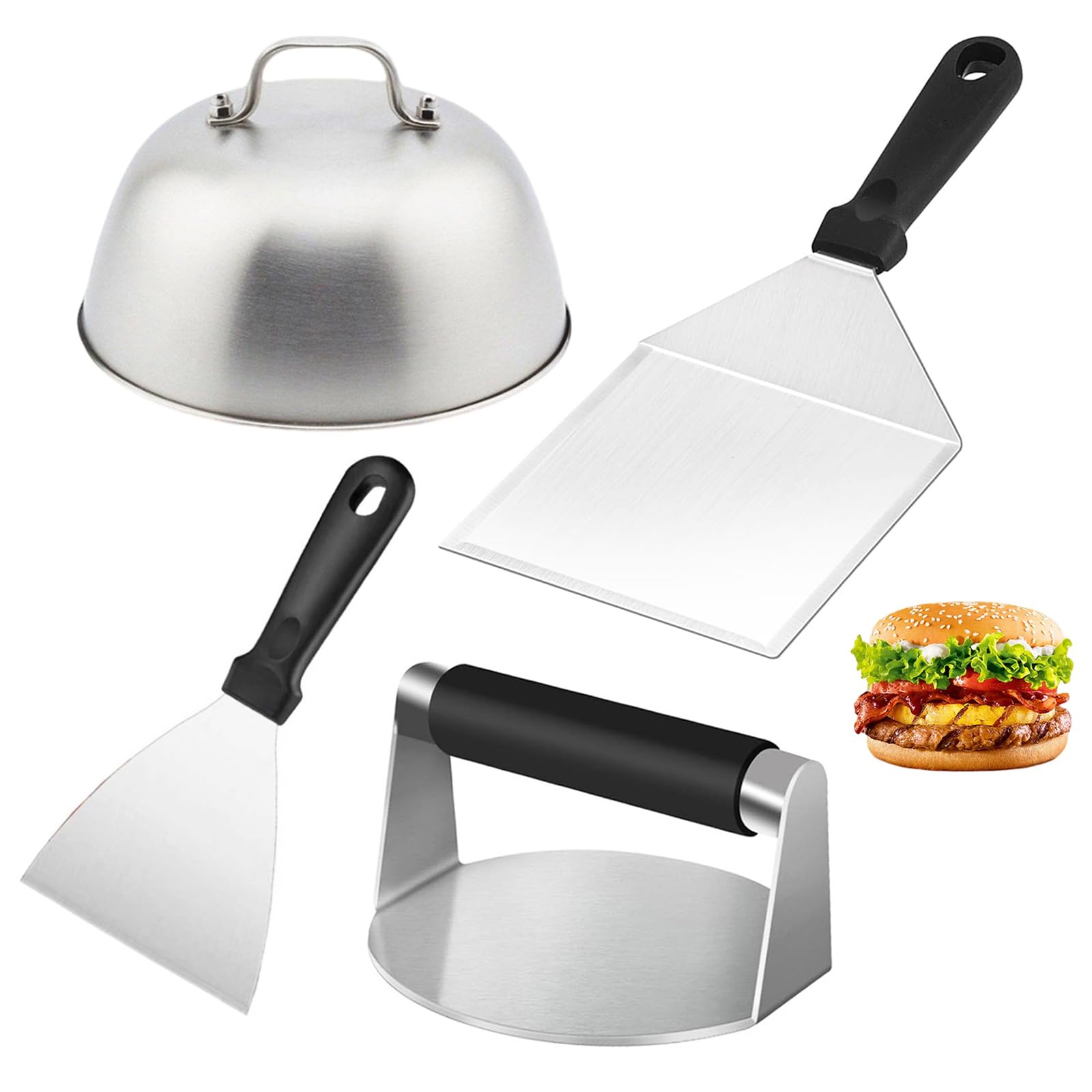 Smash zestaw do burgerów ze stali nierdzewnej, 4 zestawy do burgerów, uniwersalny zestaw pras do burgerów, z prasą do burgerów, szpachelką do grilla, łopatką do patelni i dzwonkiem do burgerów, zestaw