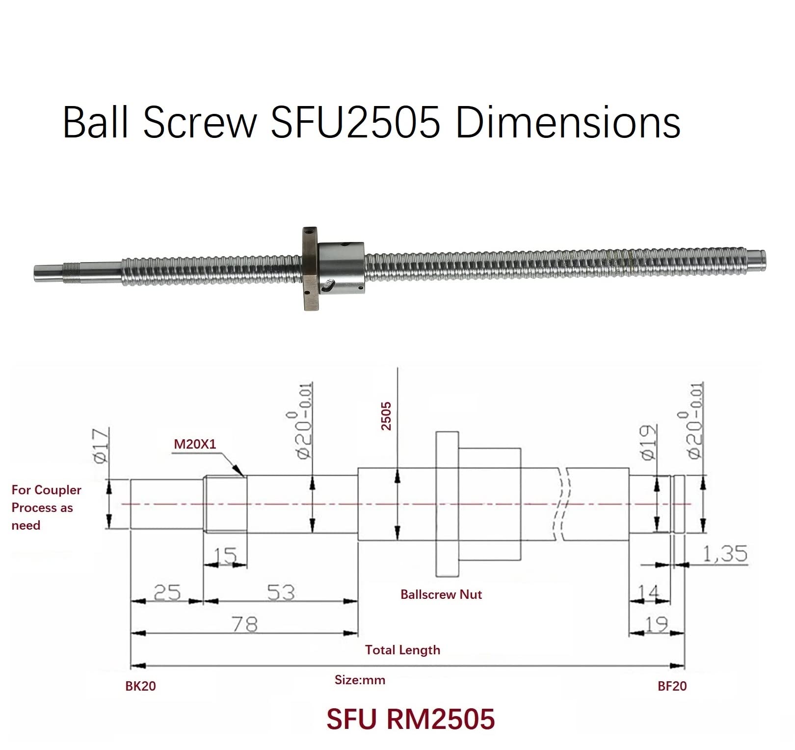 2505 Linear Motion CNC Ball Screw with Anti Backlash Nut, Coavoo SFU2505 1200mm / 47.24 inch 25mm Ballscrew + BK20 BF20 Bearing End Support + Coupler