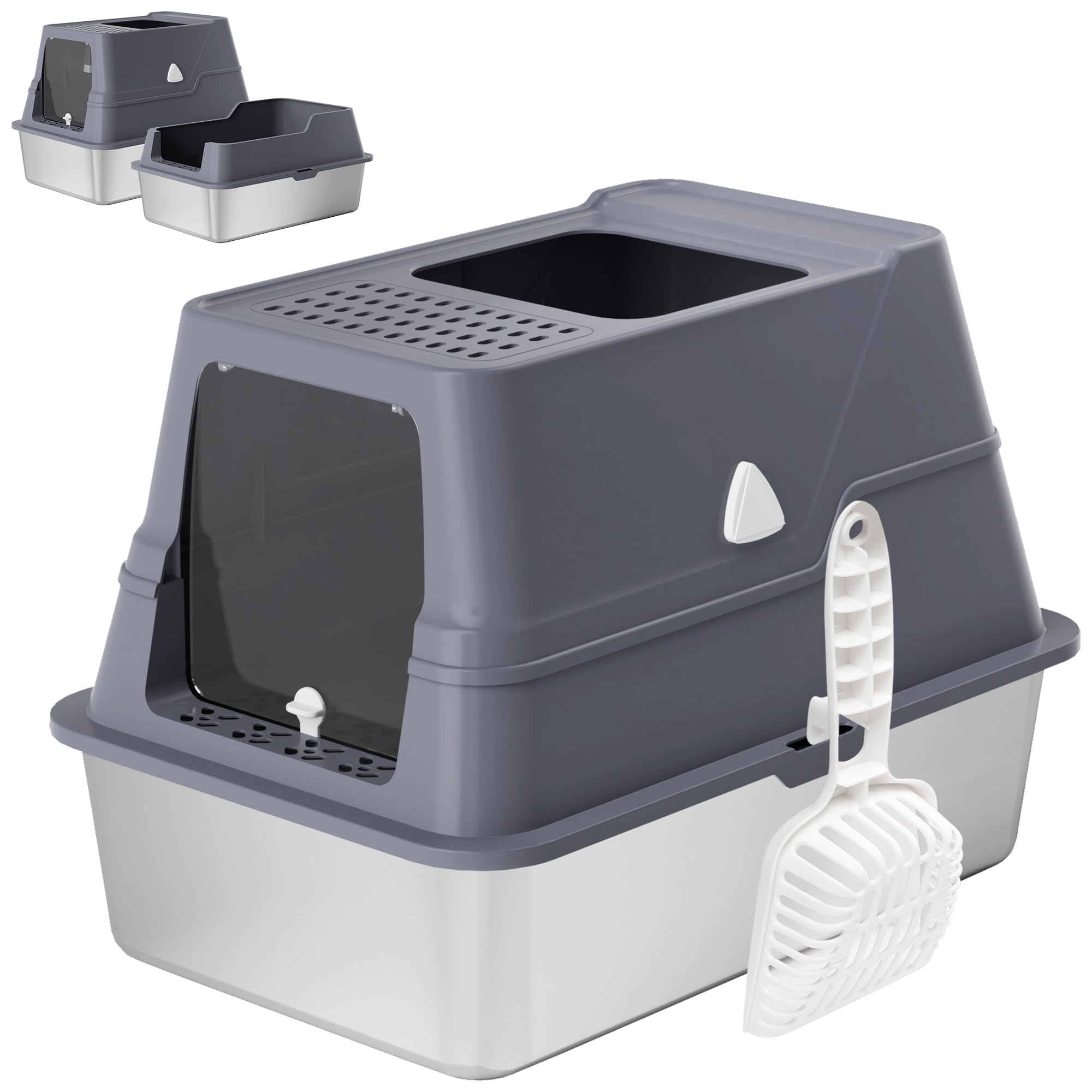 Stainless Steel Litter Box with Lid,XL Enclosed Extra Large Cat Litter Box High Wall, Cover Enclosed Top Entry Litter Boxs,with High Sided Enclosure & Scoop for Small to Big Cats& Kitty