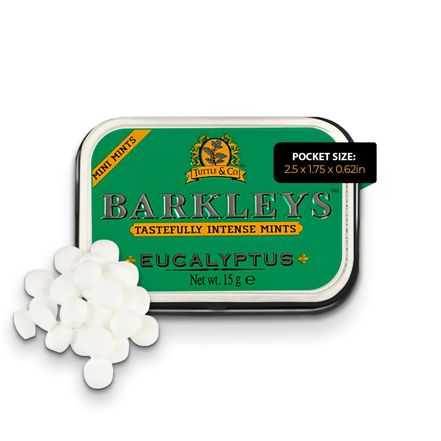 Barkleys Eucalyptus Breath Mini Mints - Strong Eucalyptus Flavor Cool Mint Candy For Party, After Dinner, Wedding, Every Day Use-Vegan Breath Mints In Reusable Classic Mini Travel Tins - 15gr, 1-pack