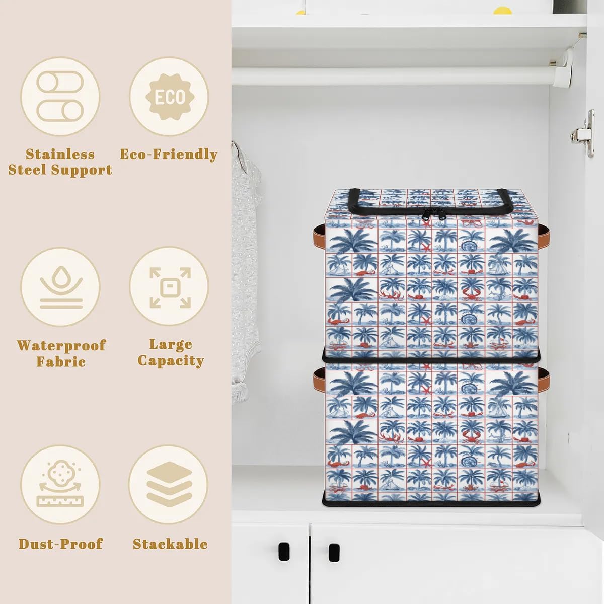 Tropical Pattern Storage Box with Lid and Handles Foldable Cloth Storage Basket Bin Bags for Shelves Closet Shelf Toys Clothes Bed Sheets Organizer 2 Pack