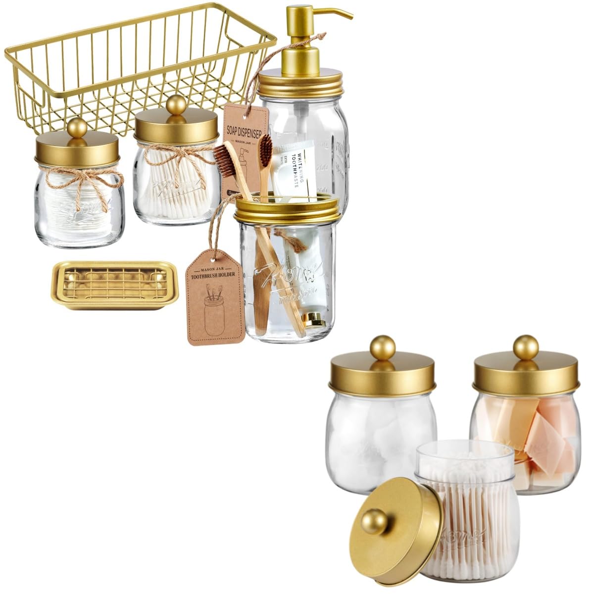 SheeChung 3 Pack Acrylic Plastic Qtip Holder 6Pcs Mason Jar Bathroom Accessories Set Soap Dispenser Toothbrush Holder Soap