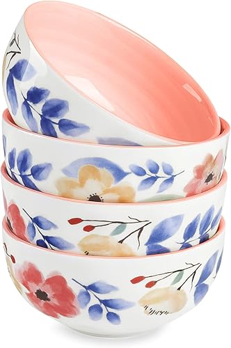 Miniatura 9 de fanquare Juego de 4 platos de ensalada de porcelana de 8 pulgadas, platos de pasta floral rosa, juego de platos de cerámica de granja, platos