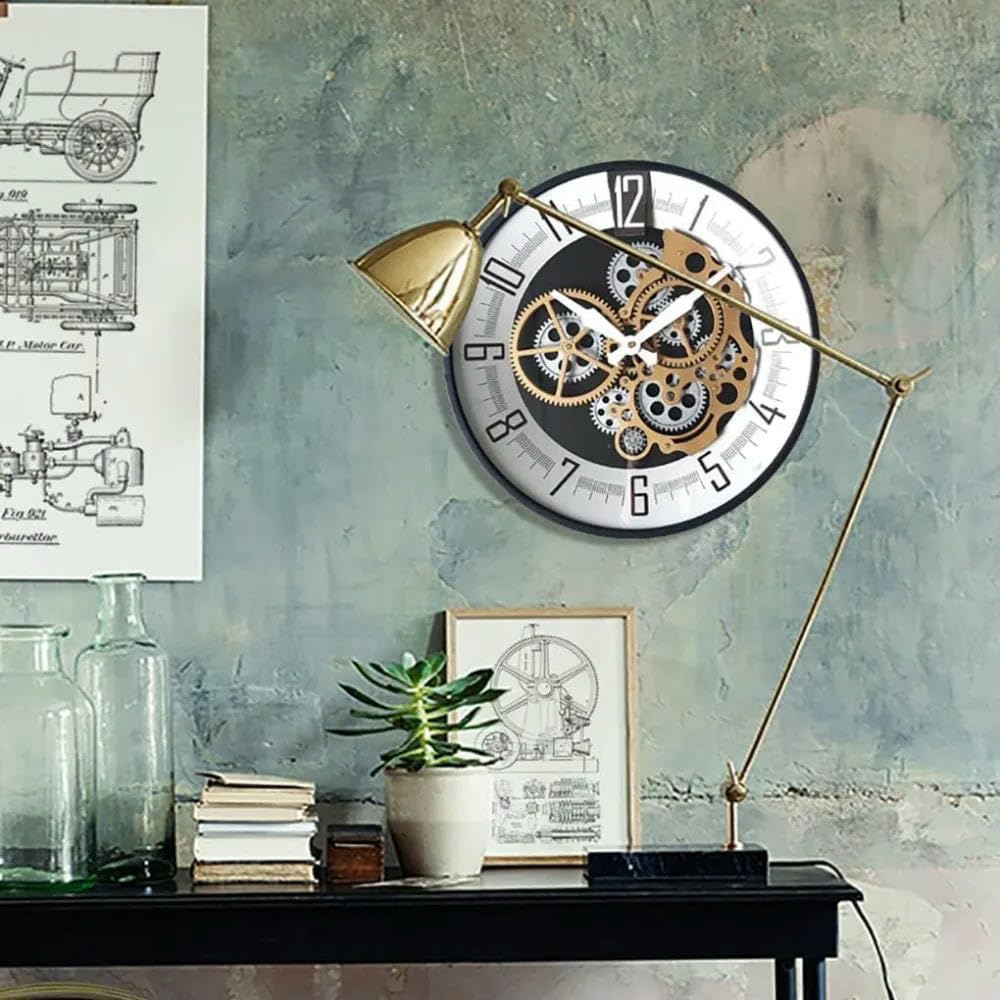 NYSDM Wanduhr mit beweglichem Zahnrad, 40,6 cm (16 Zoll), industrielle Heimdekoration, Steampunk, Vintage, dekorativ, Retro, Gold und Weiß