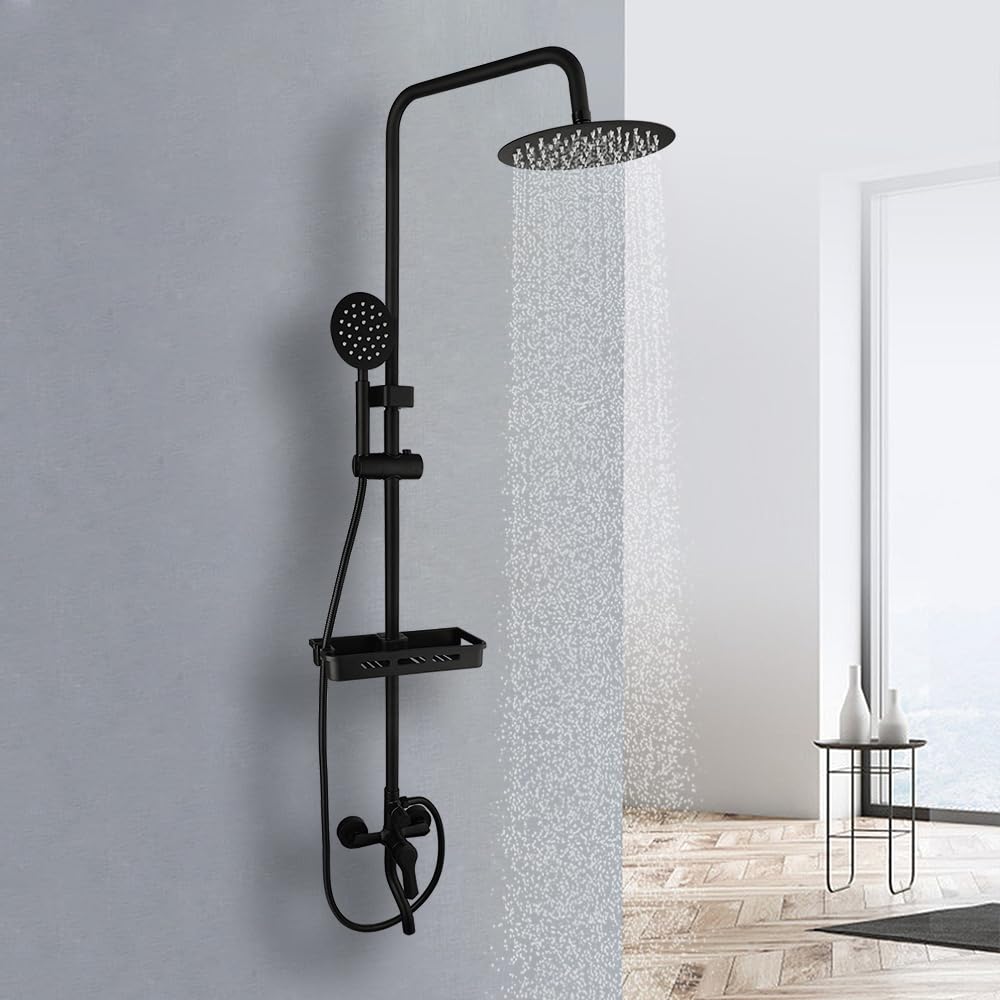 Matte Black High Pressure Exposed Shower System,Bathroom Shower Fixture with Tub Spout,Round Rainfall Shower Head and Handheld Spray Wall Mounted Shower Fixtures Outdoor Shower System