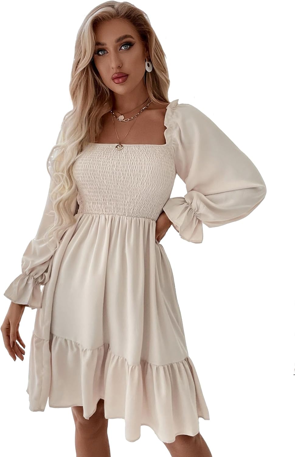 Womens Square Neck Mini Dress Ruched Lantern Long Sleeve Off Shoulder Dress Ruffle Hem Flowy Dress Apricot M