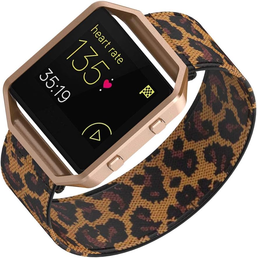 Bands Compatible with Fitbit Blaze Smartwatch,Elastic Wrist Band with Meatl Frame Replacement for Fitbit Blaze.Fit for 6.0-6.4 Inch Man Women's Girls' Wrist (6.0-6.4'', Leopard Band +Rose Gold Frame)