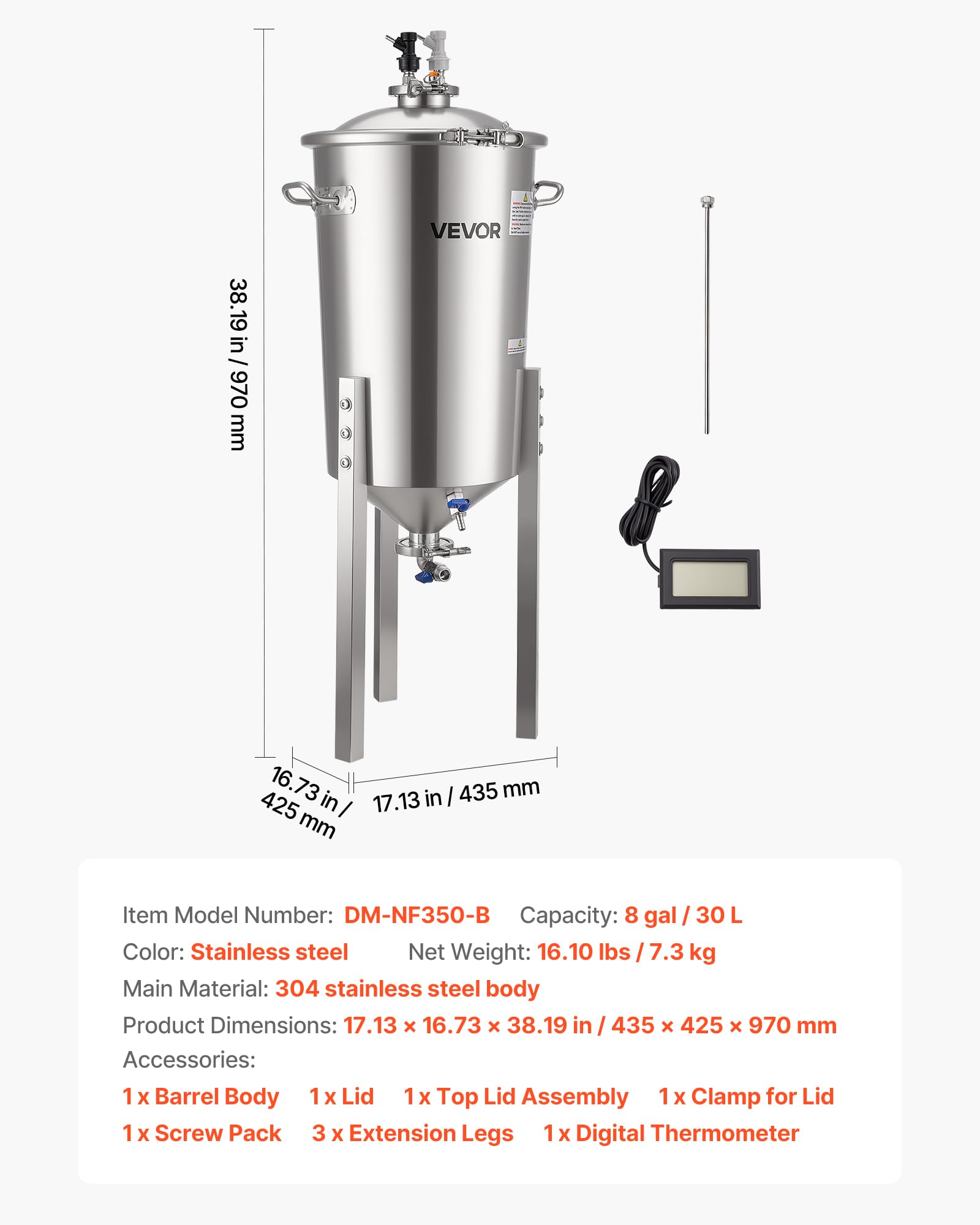 VEVOR Fermenteur Conique 30 L, Cuve de Fermentation en Acier Inoxydable, avec Fond Conique, 3 Pieds Réglables, Couvercle, Poignée et Thermomètre, Équipement de Brassage Fermentation de Bière et Vin