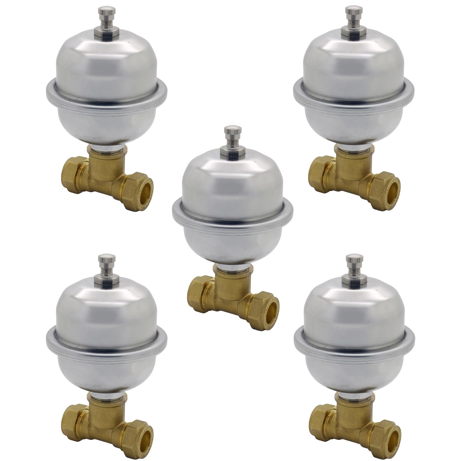Unvented Components Europe Steel, Brass Shock Arrestor 0.16L Mini Expansion Vessel, 15Mm Tee, Stainless Steel, Prevents Noisy Pipes, Wras Approved, 135Mm Height, 80Mm Diameter (5 X Shock Arrestor + 15Mm Tee)