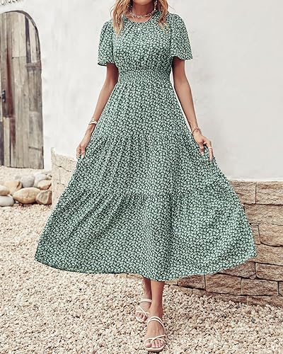 PRETTYGARDEN Women's Summer Casual Short Flutter Sleeve Round Neck Smocked Waist Tiered Boho Floral Flowy Maxi Dress - Image 3