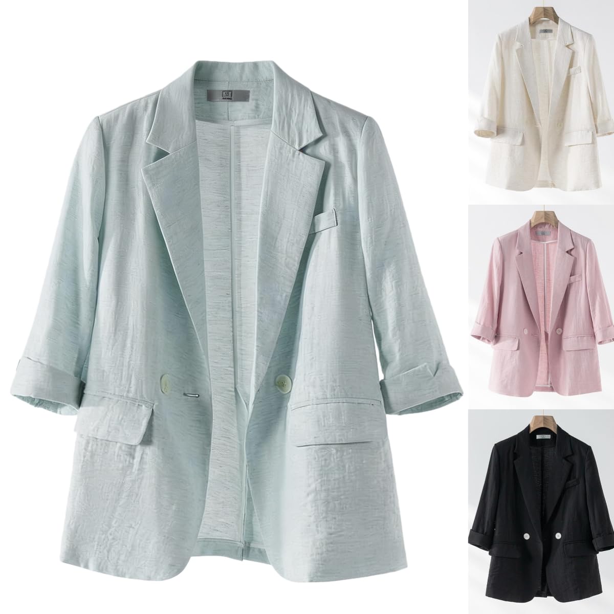 Blazer en Coton et Lin pour Femme Manches 3/4 Blazer Ouvert sur Le Devant Blazers Légers en Coton Décontractés pour Femme Vestes Cardigan D'Été avec Poches pour Le Travail et Le Bureau