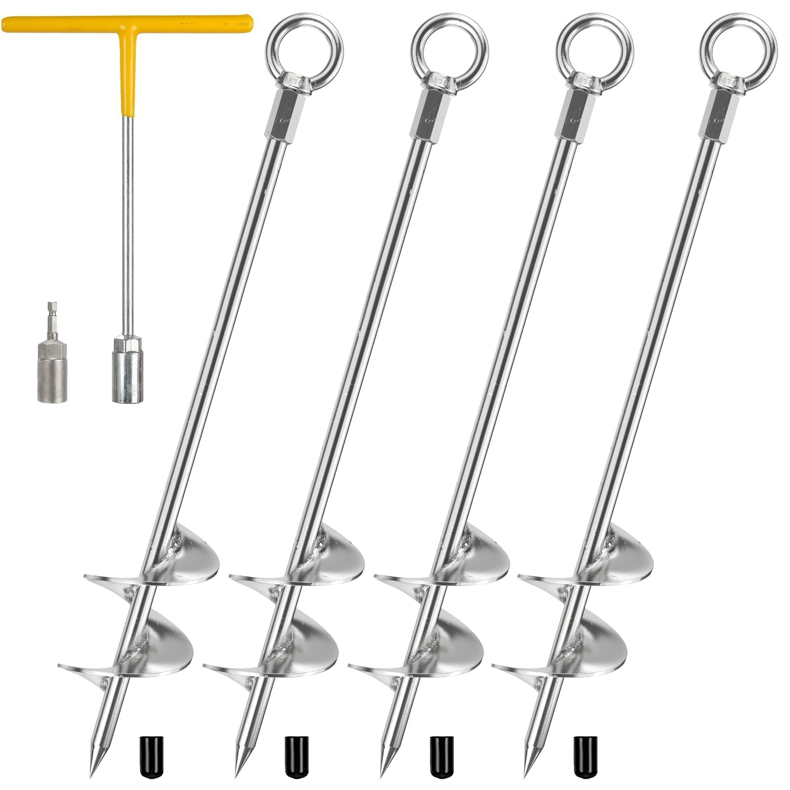 Schwerlast Bodenanker Trampolin 4 Pack, 76cm Schraubanker mit T-Griff & 14 mm Bohradapter,Erdanker Bodenanker für Trampolin, Vordächer, Schaukel, Pavillon