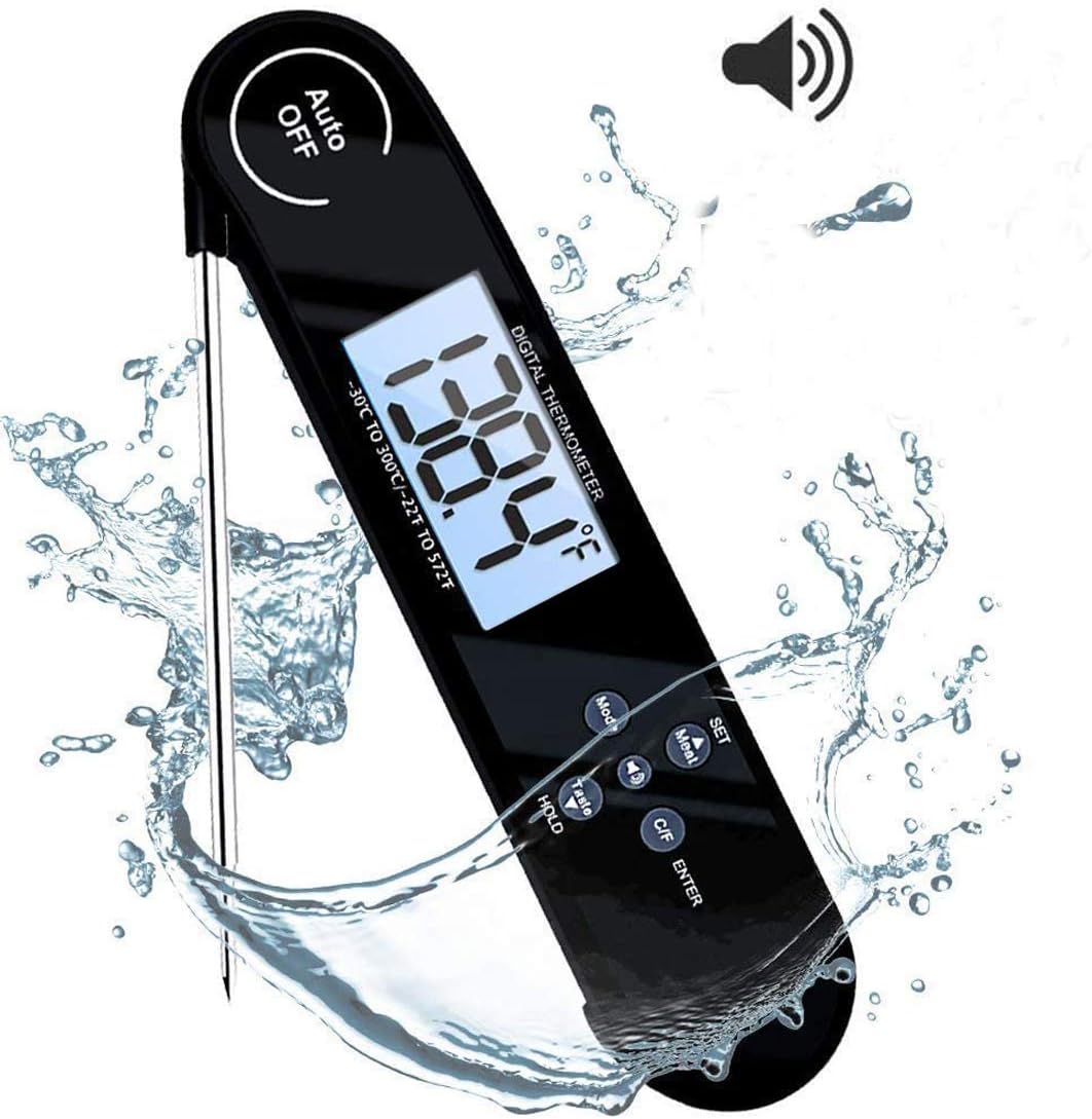 Uzone Voice Prompts Digital Waterproof Instant Read Meat Thermometer Food Thermometer with Folding Probe, Custom Alarms and Colored Backlight for BBQ, Baking, Brew, Grill, and More