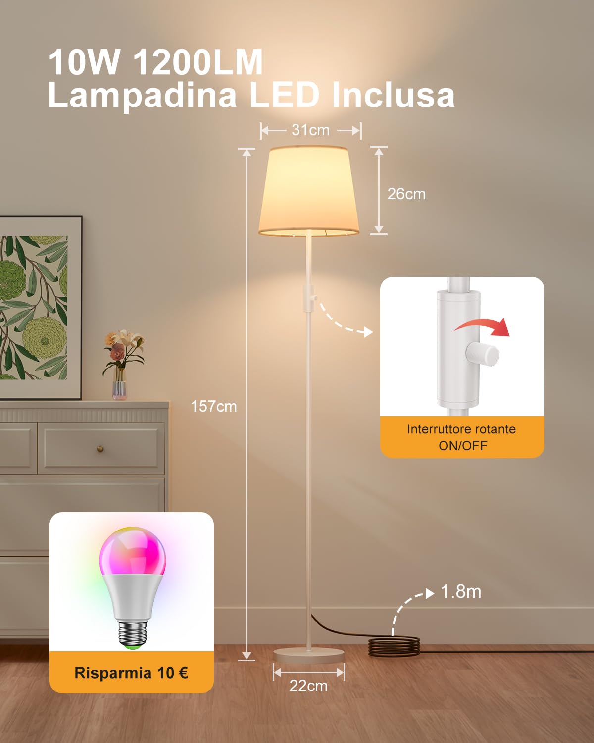 DUSKTEC Lampada da Terra Smart RGB - Piantana con Paralume in Tessuto Dimmerabile, Bianco Caldo e Freddo, Lampada a Stelo Moderna per Soggiorno e Camera da Letto, Compatibile con Alexa e Google Home