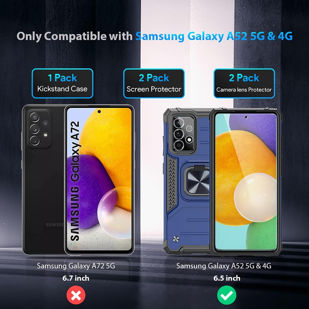 HATOSHI Samsung Galaxy A52 5G & 4G Case with 2 Pack Tempered Glass Screen Protector and 2 Pack Camera Lens Protector, [5X Military-Grade Shockproof] Magnetic Ring Kickstand Phone Cover, Blue