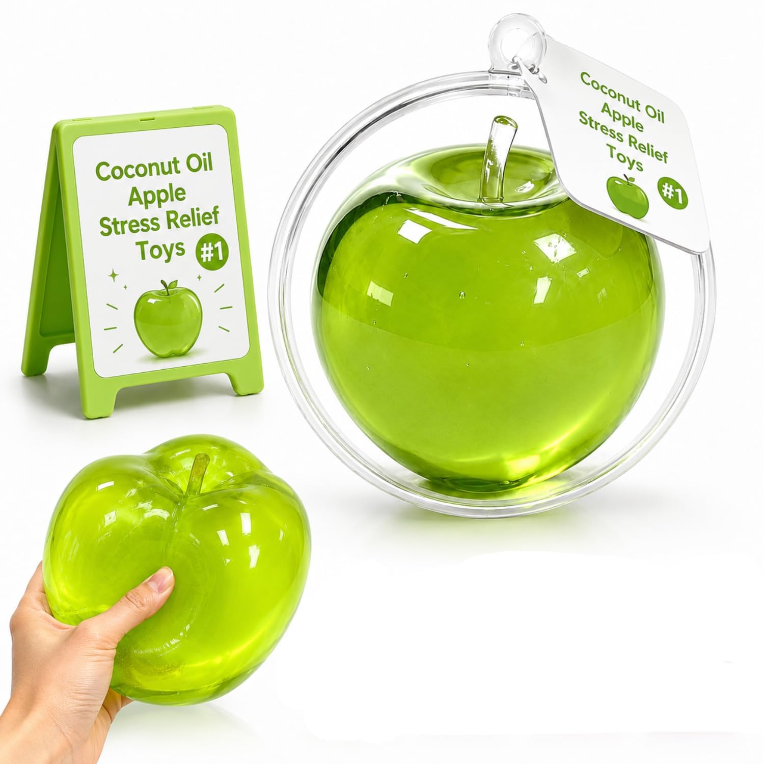 Coconut Oil Apple Squishy, 3.15in Clear Cute Apple Stress Balls, No-Rebound Moldable Fidget Sensory Squeeze, Soft Squishy Stress Relief Desk Birthday Gift for Adults (Big Apple-green)