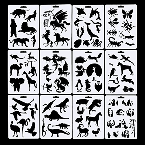 Paquete de plantillas de plantilla de 12 animales Bullet Journal, incluyendo 10 unidades de pluma bullet, perfecto para planificador/cuaderno/diario/álbum de recortes/Graffiti/tarjeta, 5 u00d7 7 pulgadas