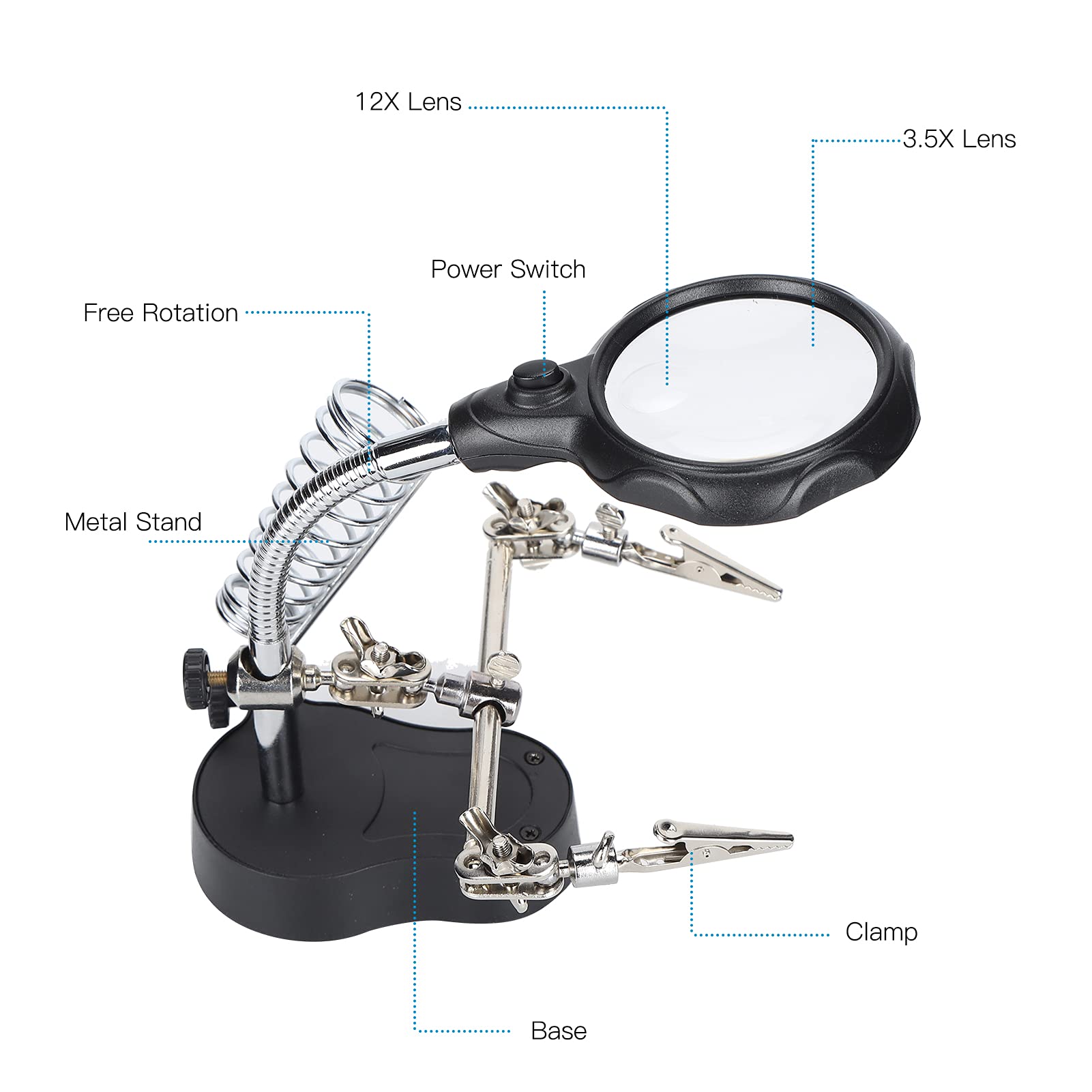 LED Light Magnifier Soldering Station, Desktop Magnifying Glass Stand with Auxiliary Clamp and Alligator Clips